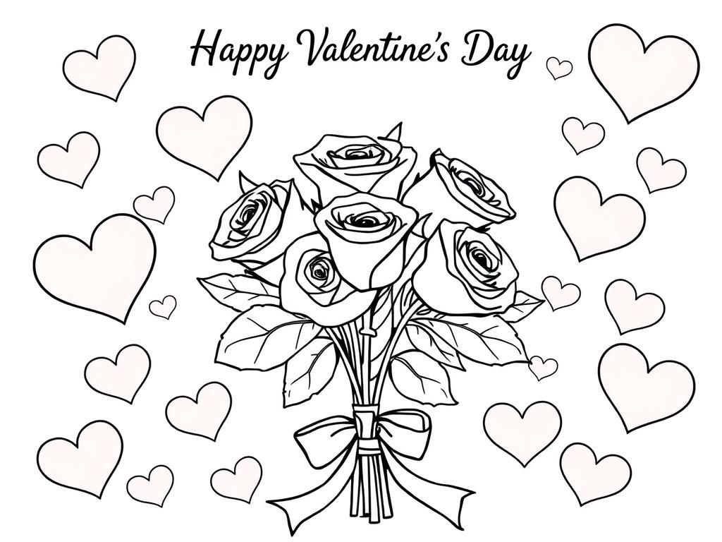 Preview of Valentines Day coloring page with a bouquet of roses and a ribbon, set against a backdrop of hearts. At the top it says "Happy Valentines Day"