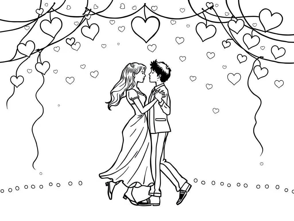 Valentines Day coloring page with a couple dancing under twinkling fairy lights and heart decorations. - Valentines Day Coloring Page