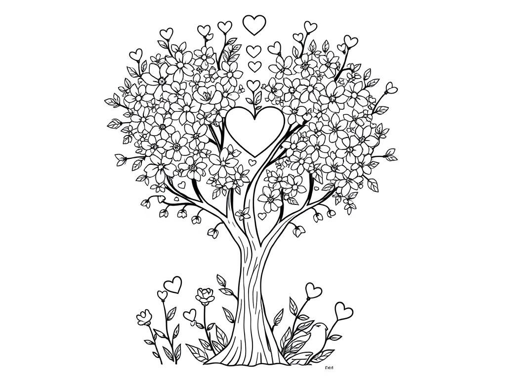 Preview of Valentines Day coloring page with a heart-shaped tree filled with blooming flowers and tiny lovebirds.