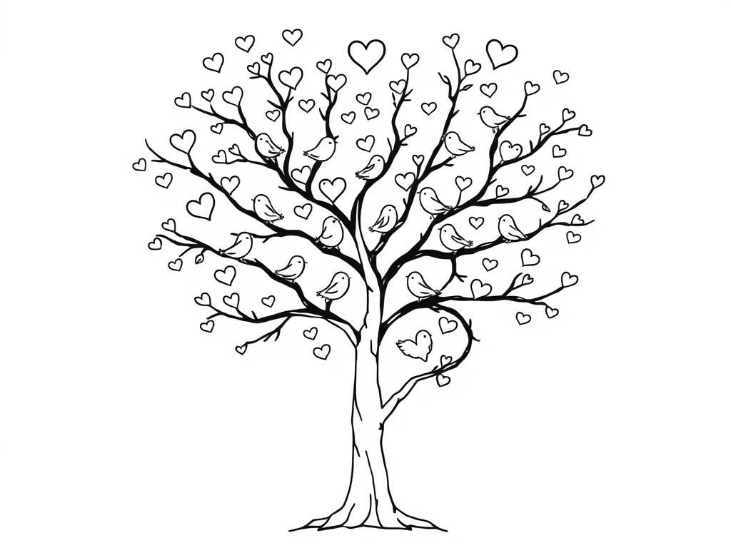 Preview of Valentines Day coloring page with a heart-shaped tree filled with tiny lovebirds.