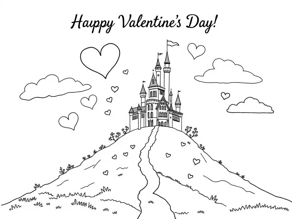 Valentines Day coloring page with a romantic castle on a hill, surrounded by floating heart-shaped clouds. At the top it says "Happy Valentine’s Day" - Valentines Day Coloring Page