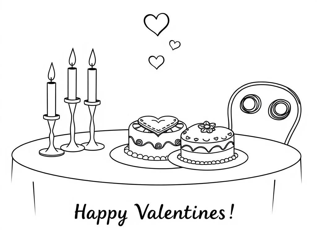 Valentines Day coloring page with a romantic dinner setting, complete with candles and a heart-shaped cake. At the bottom it says "Happy Valentines Day" - Valentines Day Coloring Page