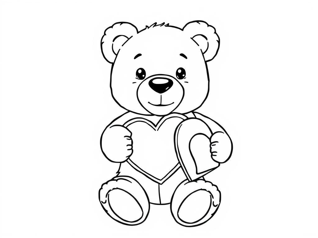 Preview of Valentines Day coloring page with a teddy bear holding a heart-shaped box of chocolates.