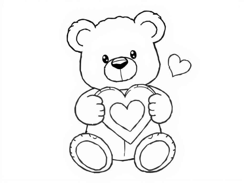 Preview of Valentines Day coloring page with a teddy bear holding a heart-shaped box of chocolates.