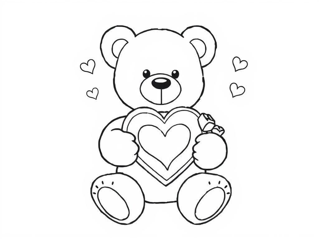 Preview of Valentines Day coloring page with a teddy bear holding a heart-shaped box of chocolates