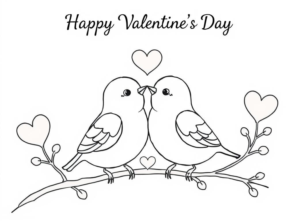 Preview of Valentines Day coloring page with tiny lovebirds. At the top it says "Happy Valentine's Day"