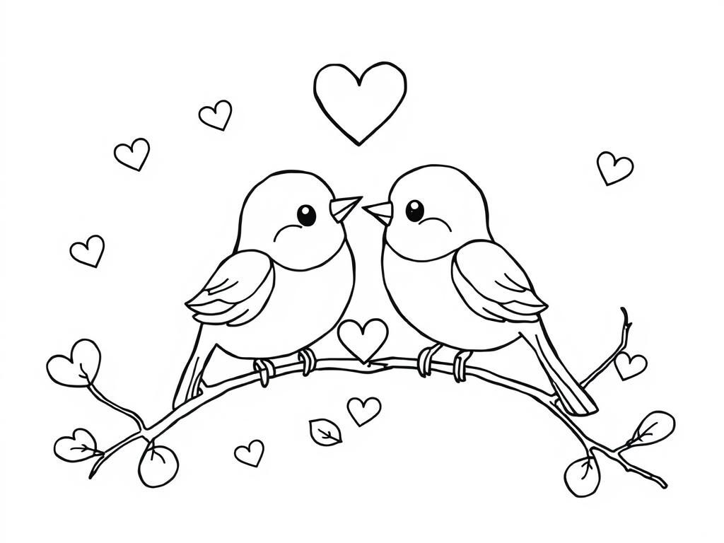 Preview of Valentines Day coloring page with tiny lovebirds.