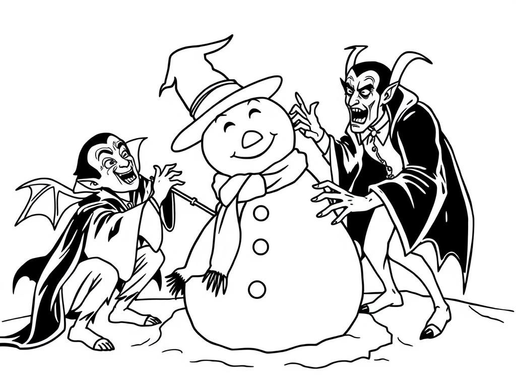 Halloween Vampires and Snowman Coloring Page