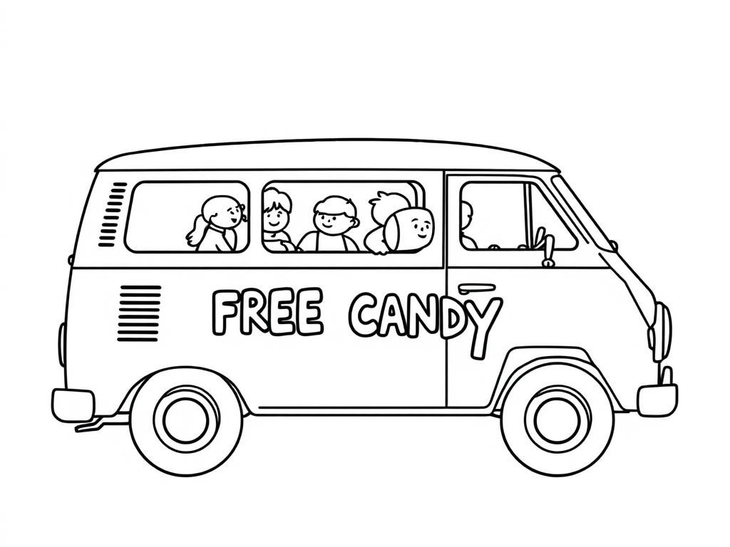 Fun Van Coloring Page with Kids and Free Candy