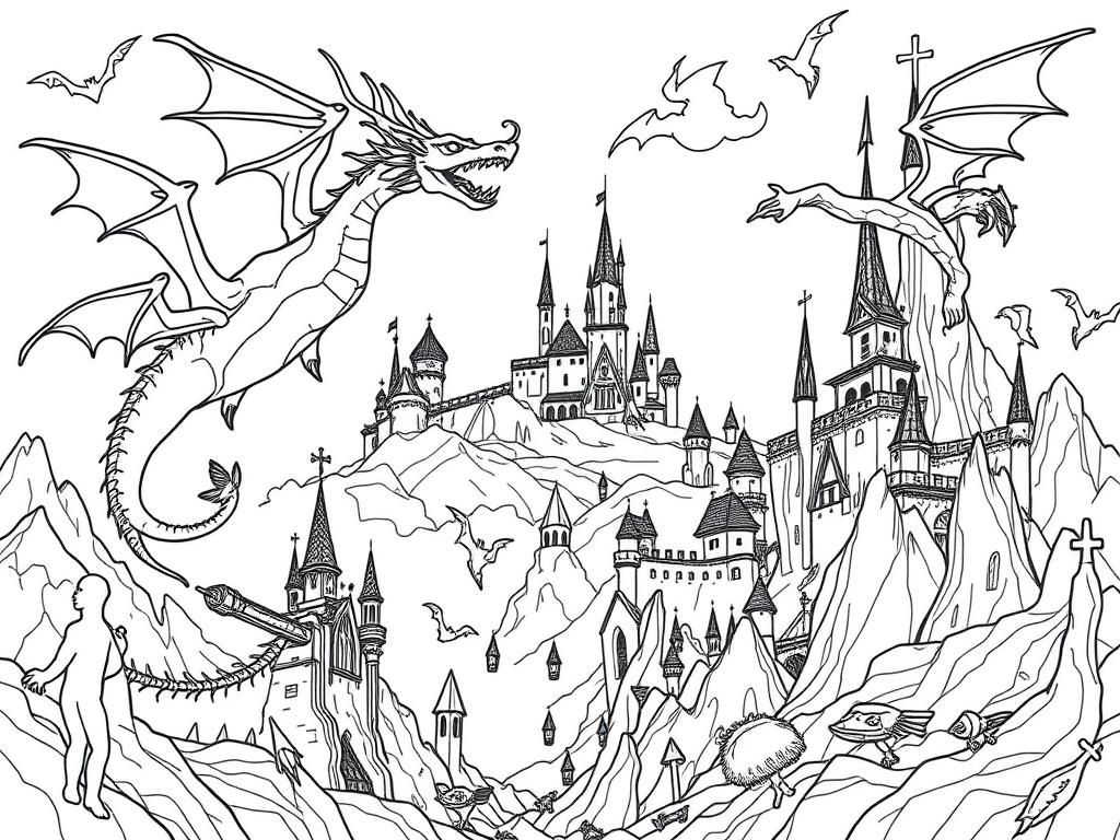 Very complicated fantasy scene with dragons and castles