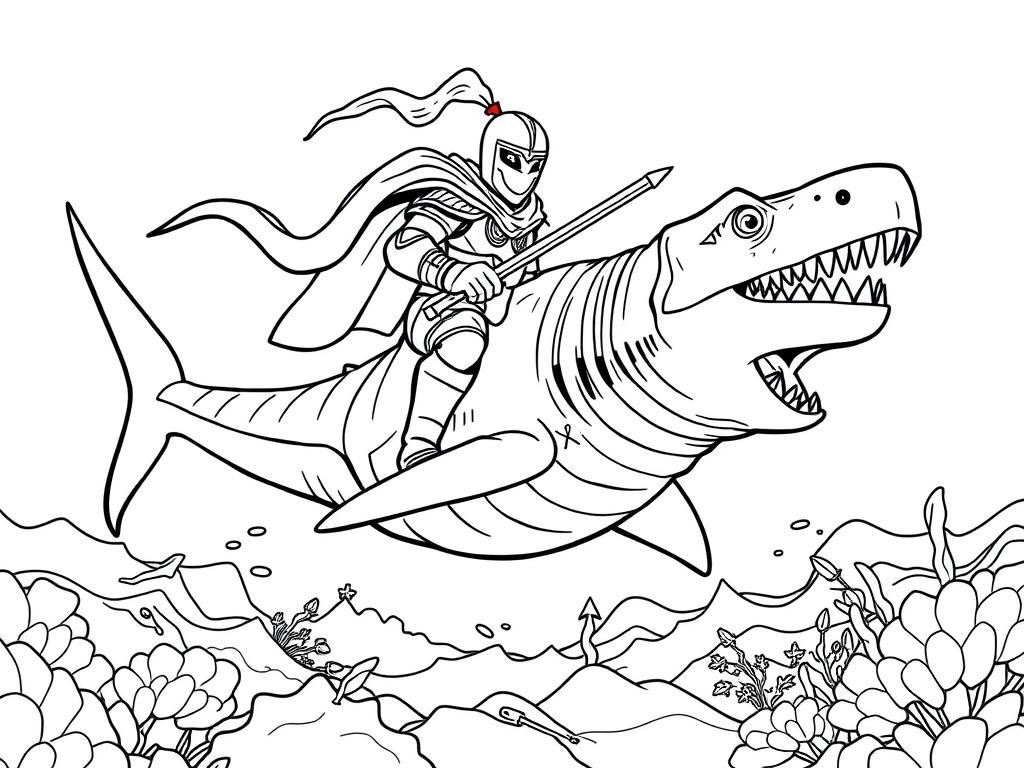 very detailed knight riding a shark dinosaur in the ocean - Free Printable Coloring Page
