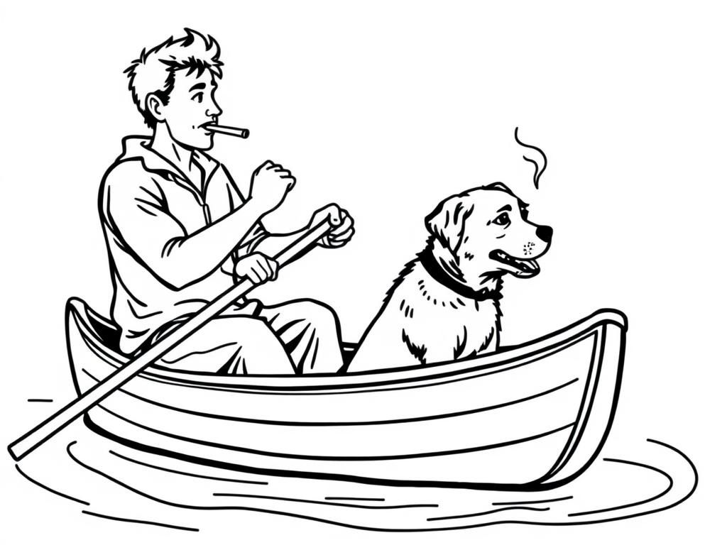 view of canoe with a brown dog at right and  cigaret smoking man at left on canoe looking both at right