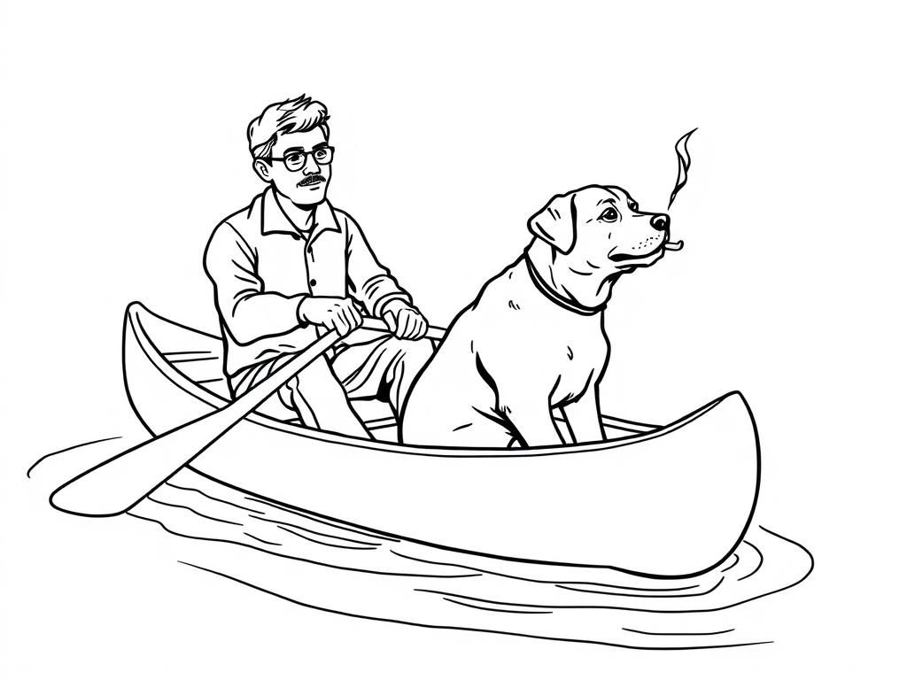 view of canoe with a brown dog at right and  cigaret smoking man at left on canoe looking both at right