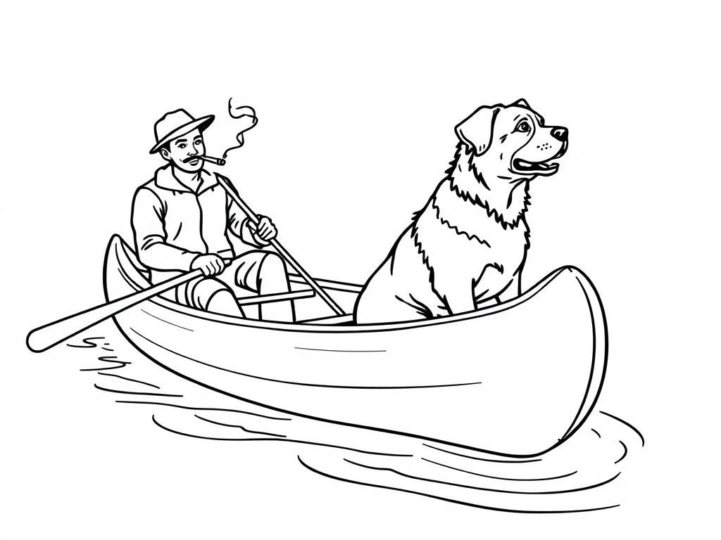 view of canoe with a brown dog at right and  cigaret smoking man at left on canoe looking both at right