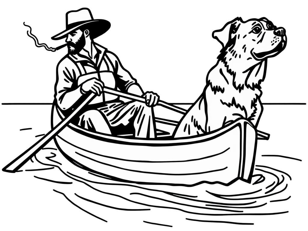 view of canoe with a brown dog at right and  cigaret smoking man at left on canoe looking both at right