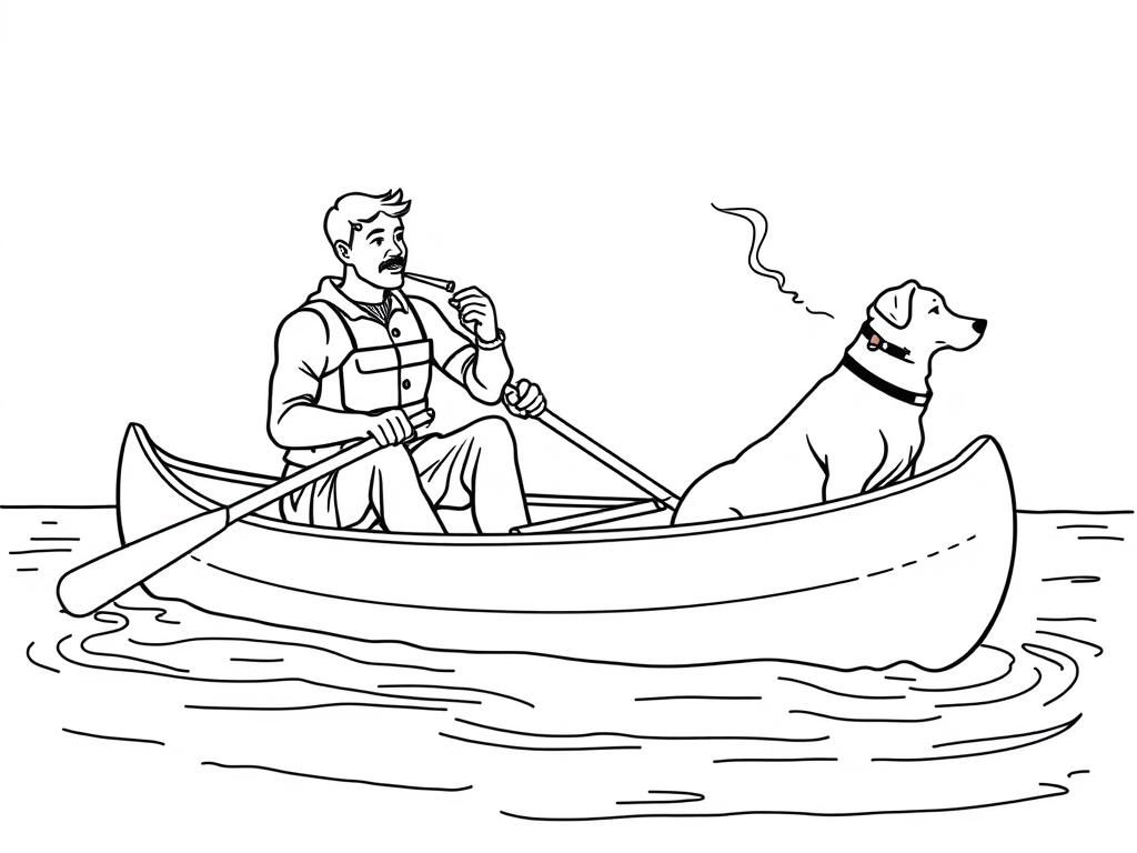 view of canoe with a brown dog at right and  cigaret smoking man at left on canoe looking both at right