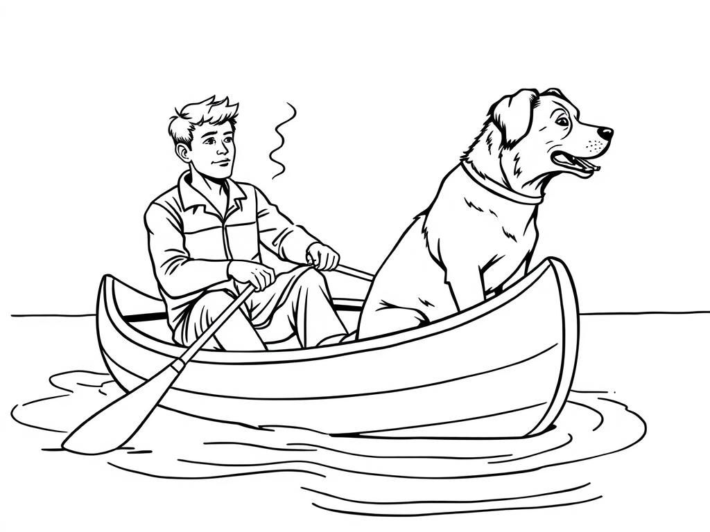 view of canoe with a brown dog at right and  cigaret smoking man at left on canoe looking both at right