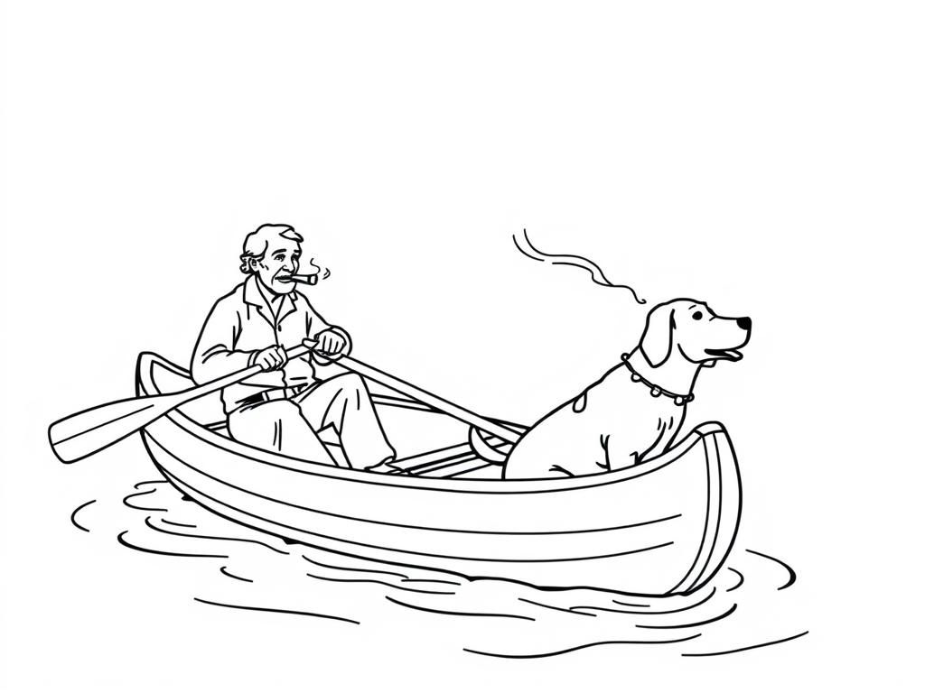 view of canoe with a brown dog at right and  cigaret smoking old man at left on canoe looking both at right