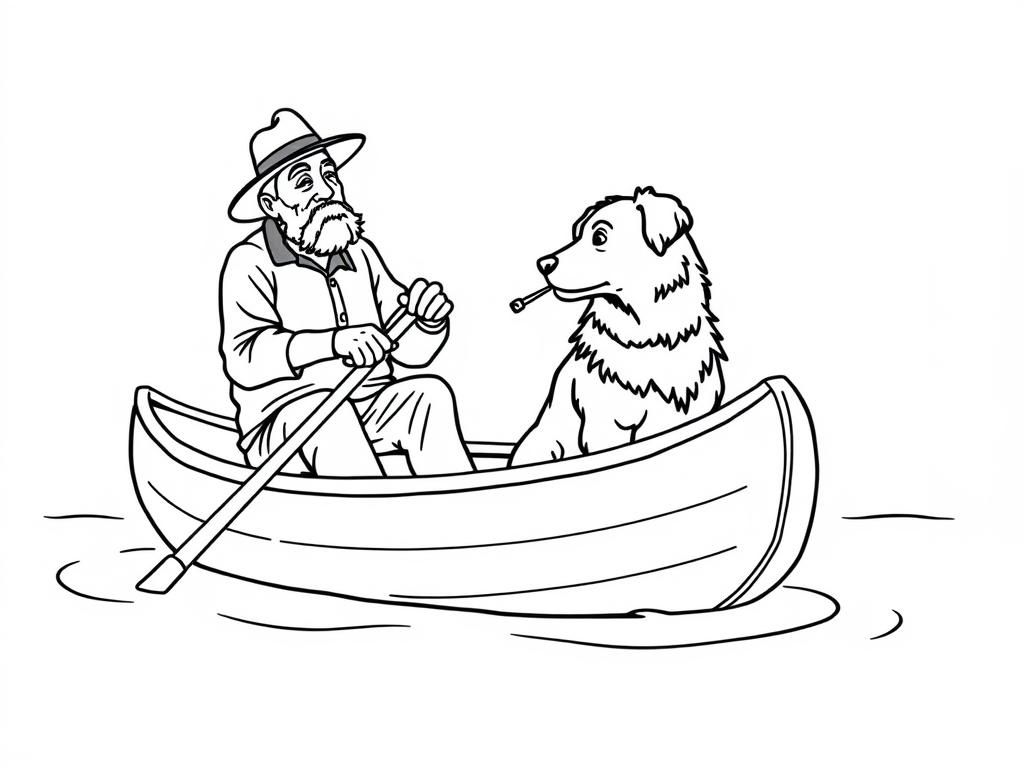 view of canoe with a brown dog at right and  cigaret smoking old man with hat at left on canoe looking both at right