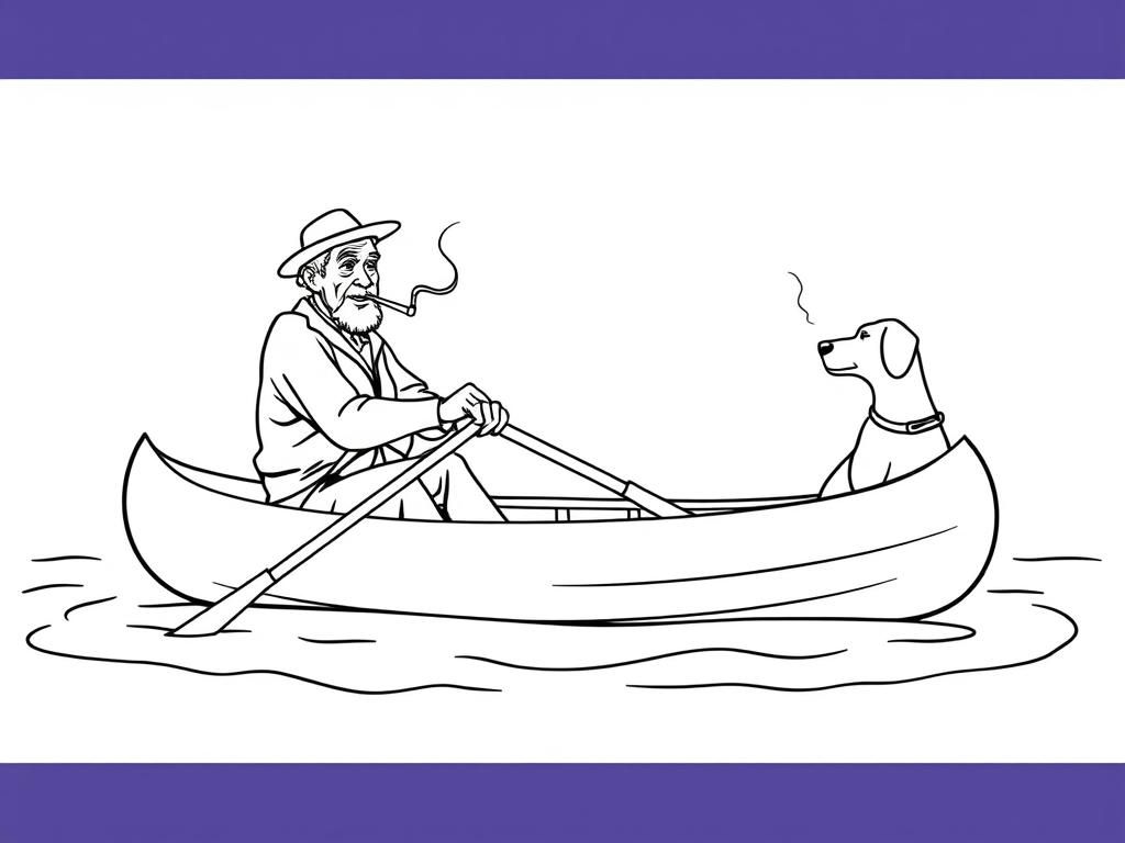 view of canoe with a brown dog at right and  cigaret smoking old man with hat at left on canoe looking both at right