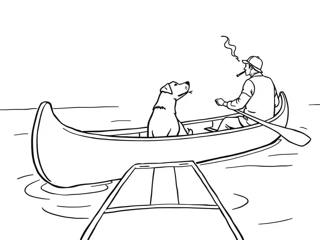 view of canoe with front brown dog  and  cigaret smoking man at back