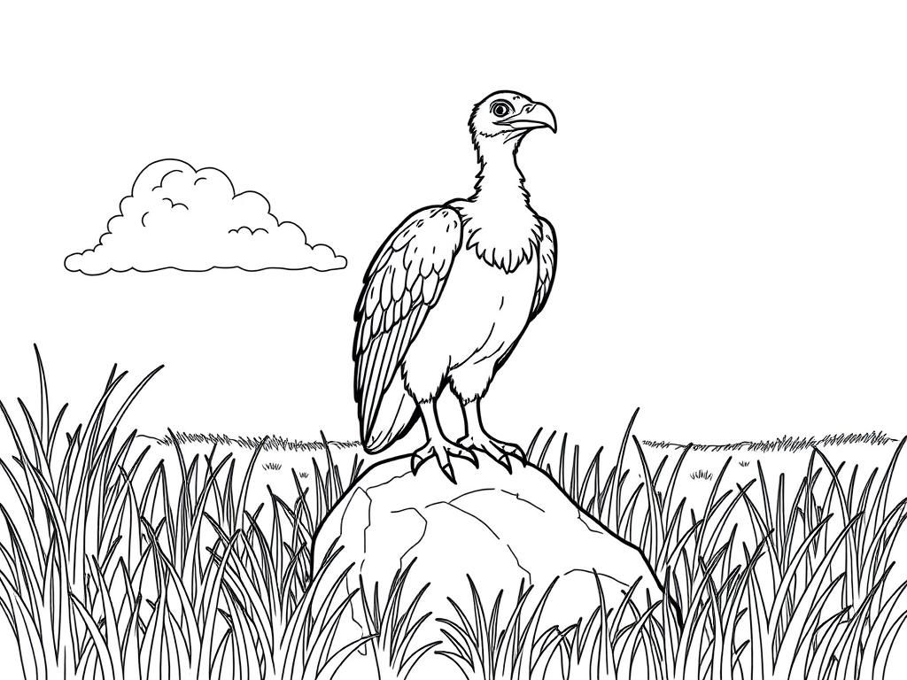 "Vulture standing on a rock surrounded by the grass. Background: a sunny savanna with tall grass and fluffy clouds." - Free Printable Coloring Page