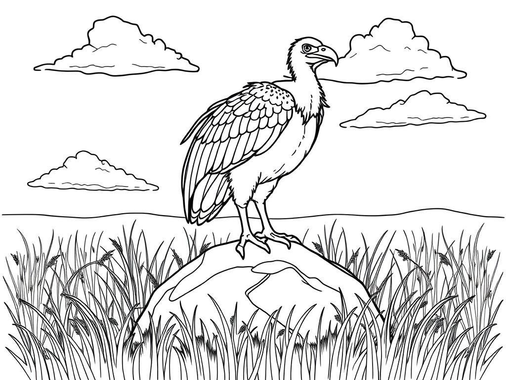 "Vulture standing on a rock surrounded by the grass. Background: a sunny savanna with tall grass and fluffy clouds." - Free Printable Coloring Page