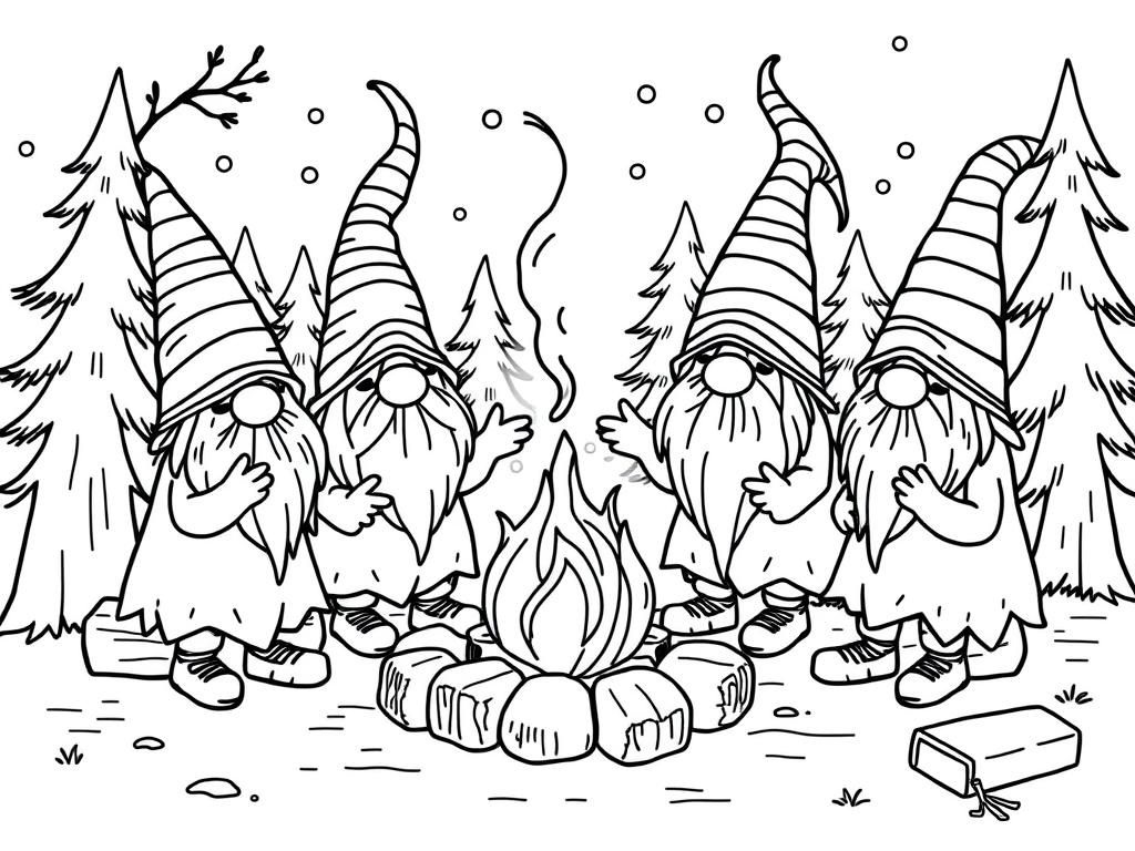 Waldorf gnomes dancing around campfire