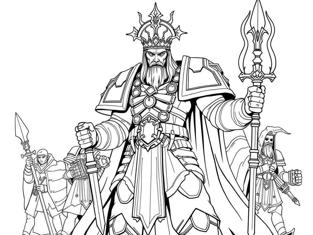 Warhammer 40K: the emperor of mankind + roboute Guilliman + Vulkan + Ciaphas Cain + Eisenhorn + angron + Mortarion - Free Printable Coloring Page