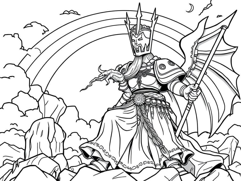 warhammer fat sister of battle  with a rainbow in the sky - Free Printable Coloring Page