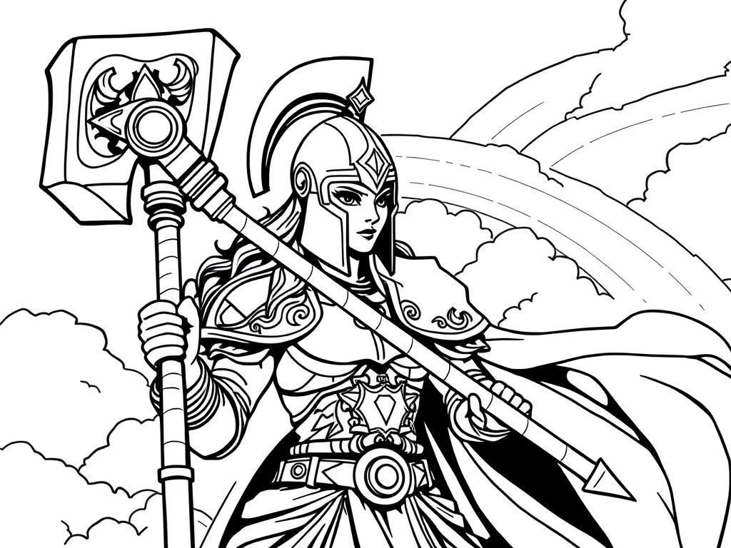 warhammer sister of battle with helmet and a rainbow in the sky - Free Printable Coloring Page
