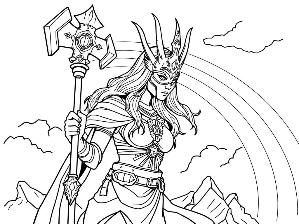 warhammer sister of battle with mask and a rainbow in the sky - Free Printable Coloring Page