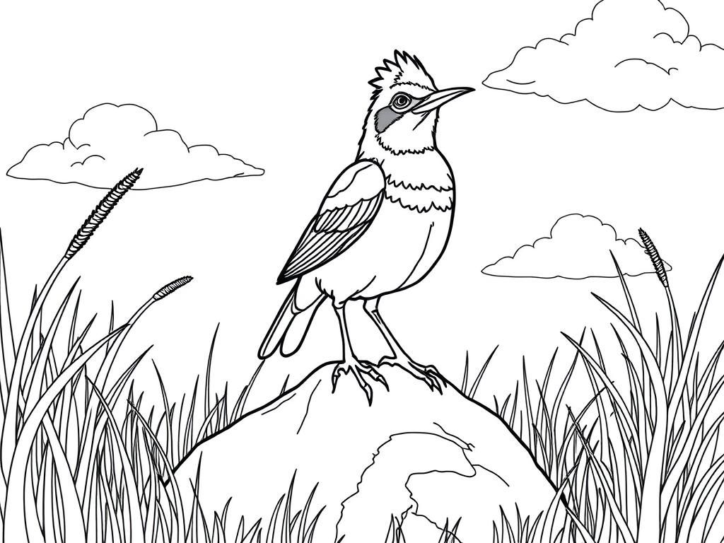 "Weaver Bird standing on a rock surrounded by the grass. Background: a sunny savanna with tall grass and fluffy clouds." - Free Printable Coloring Page