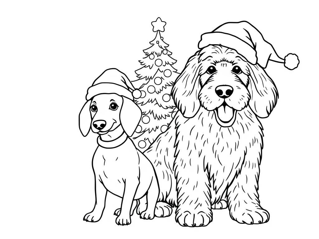 weiner dog and large golden doodle with santa hats on tree in background - Free Printable Coloring Page