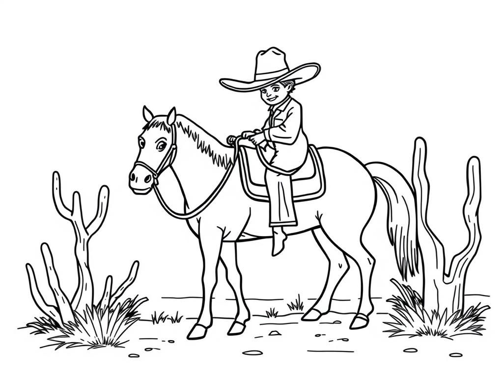 Coloring Page of a Boy Riding a Horse in the Desert