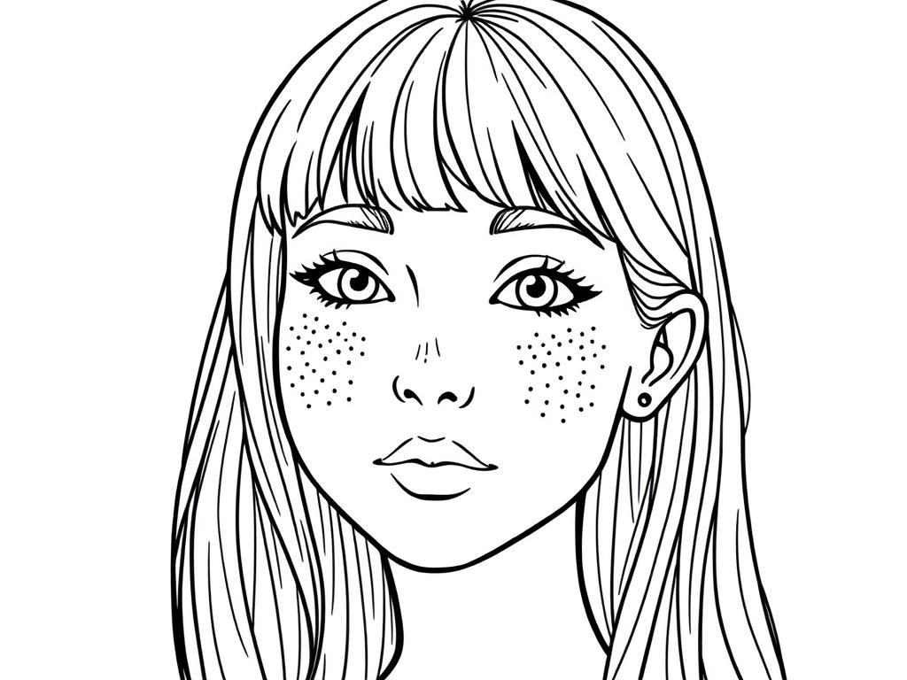 Girl with Freckles Portrait Coloring Page
