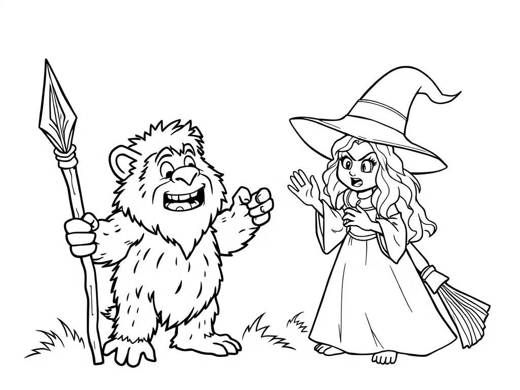 Wicket the Ewok pointing his wooden spear at a frightened Glinda the good witch