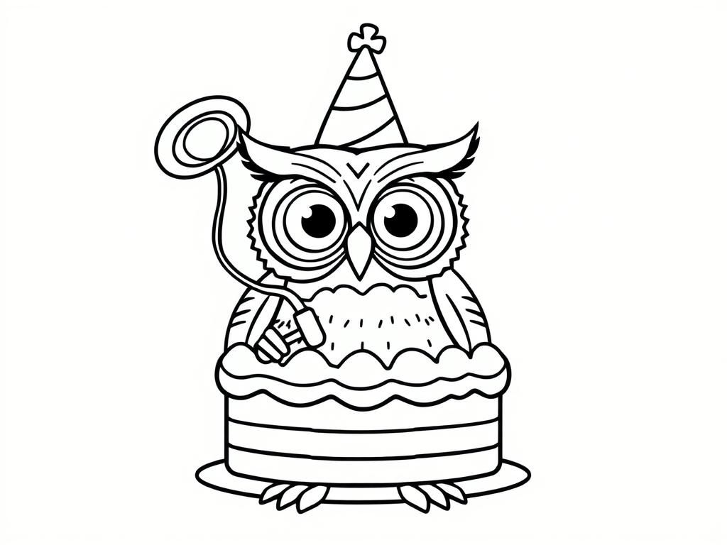 Wide-eyed owl with party hat doing surgery in an operation room on a birthday cake.