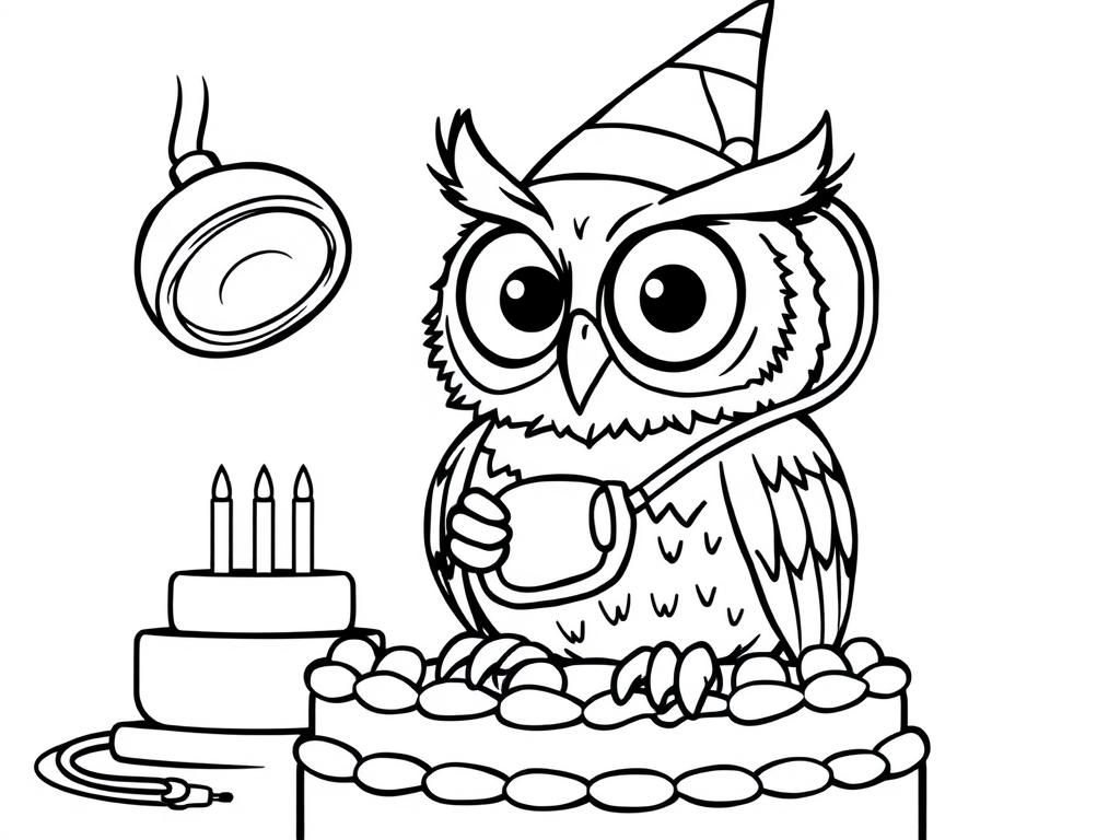 Preview of Wide-eyed owl with party hat doing surgery in an operation room on a birthday cake.