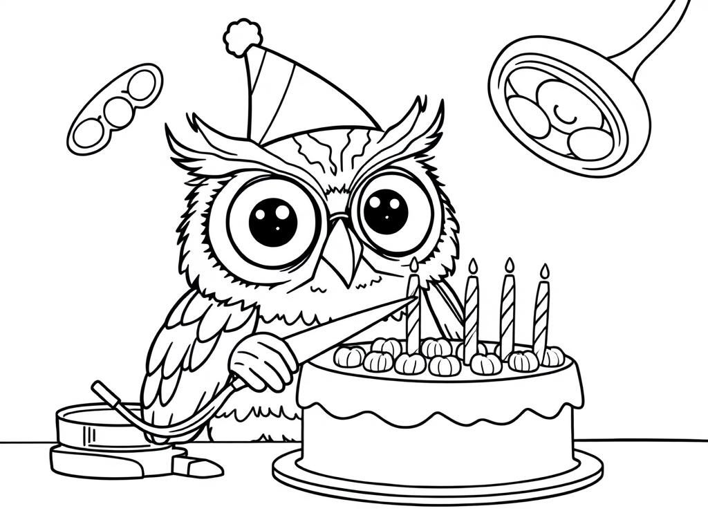 Wide-eyed owl with party hat doing surgery in an operation room on a birthday cake. Surgeon owl is in an operation room holding a scalpel over the birthday cake.