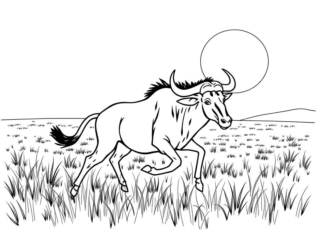 Wildebeest  running through the grass. Background: a sunny savanna  and a glowing sun." - Free Printable Coloring Page