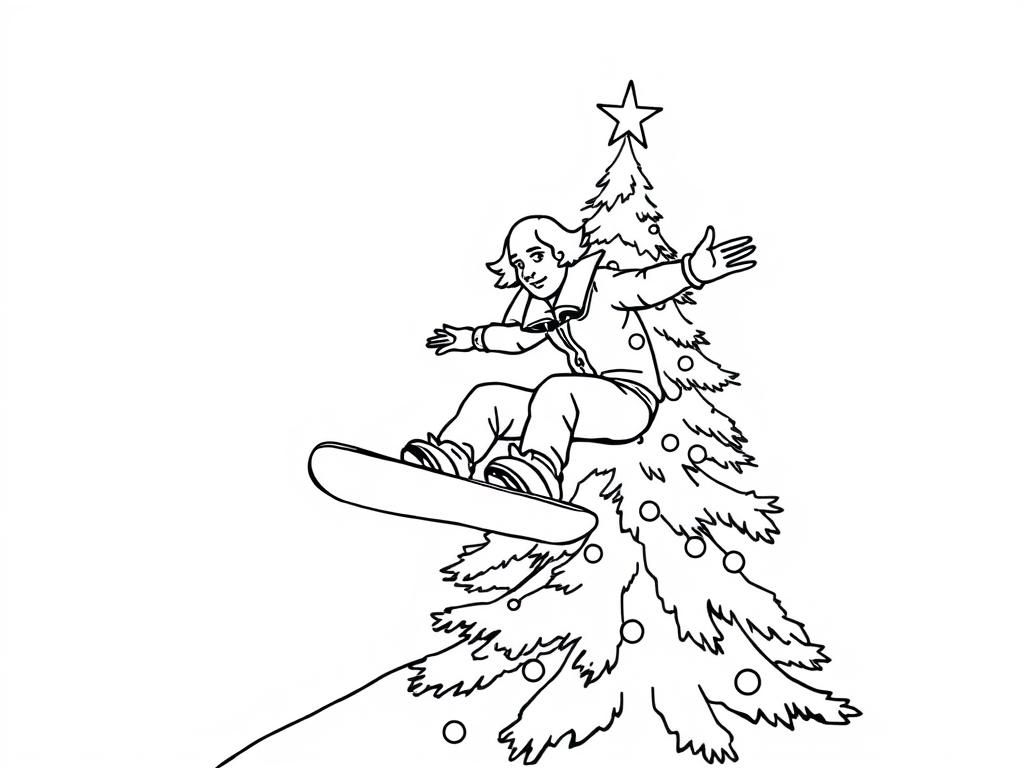 William Shakespeare snowboarding over christmas tree - Free Printable Coloring Page