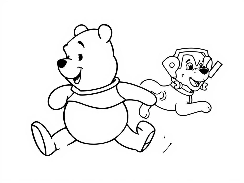 Winnie the Pooh with two legs running away from Paw Patrol