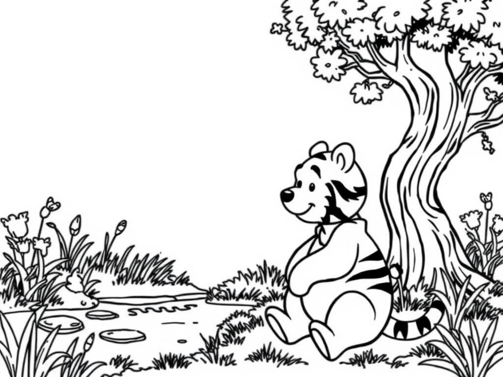 Winnie the pough with tiger the tiger (not a bear) near a tree and a pond - Free Printable Coloring Page