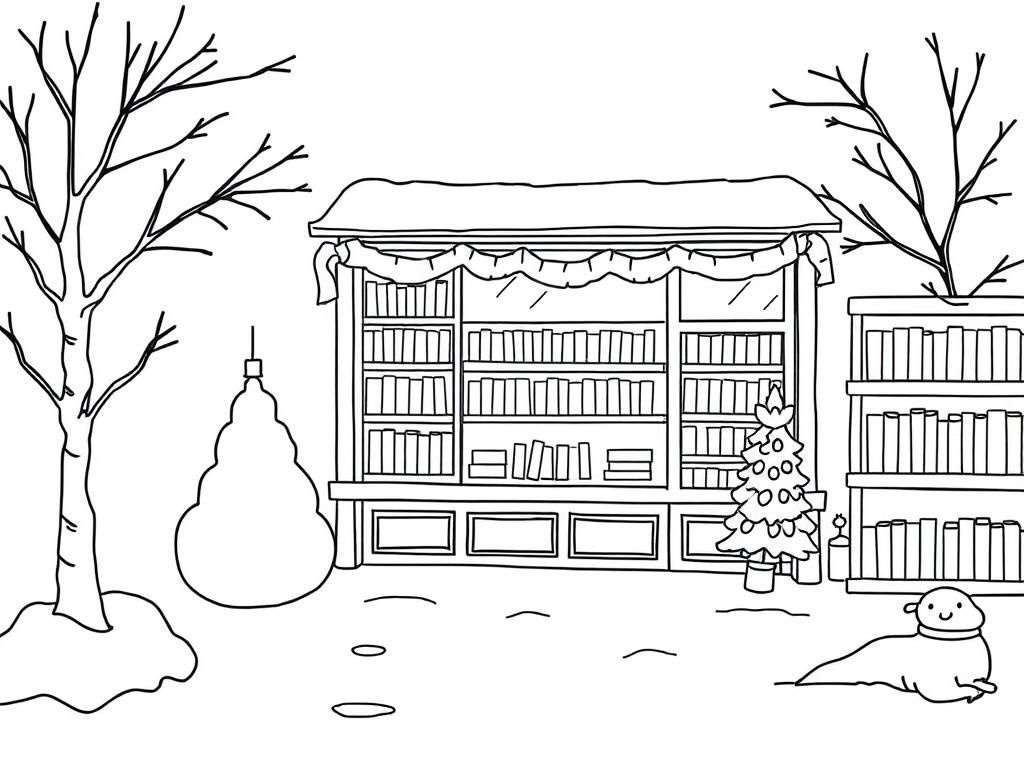 winter scene looking in on bookshop - Free Printable Coloring Page