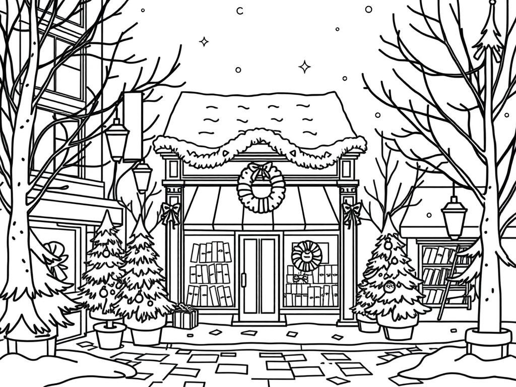 Wintery city scene of a bookstore decorated for Christmas with wreaths and pine trees