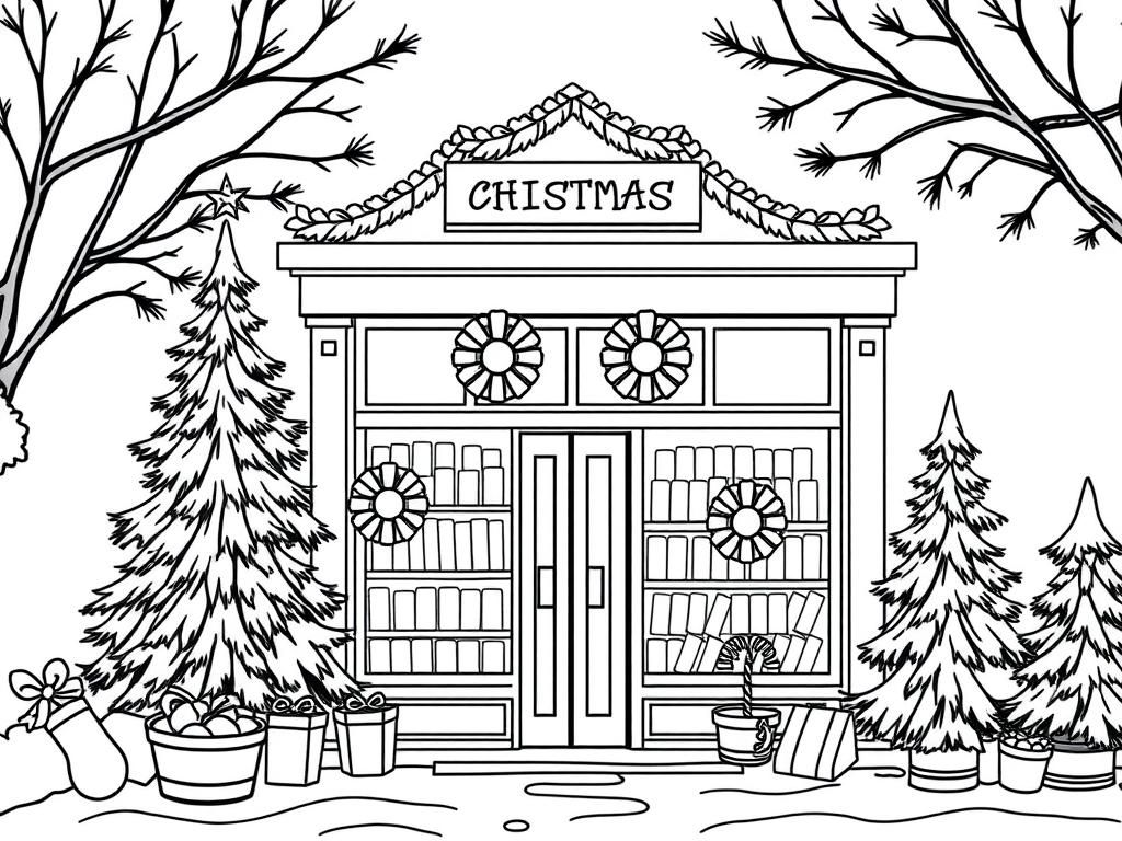 Wintery scene of a bookstore decorated for Christmas with wreaths and pine trees