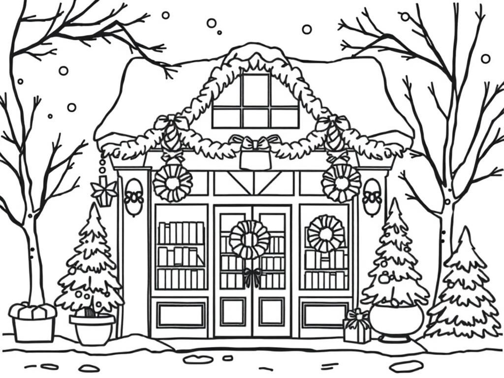 Wintery scene of a bookstore decorated for Christmas with wreaths and pine trees