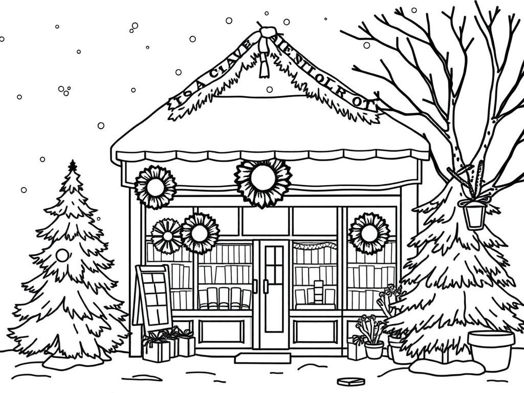 Wintery scene of a bookstore decorated for Christmas with wreaths and pine trees - Free Printable Coloring Page