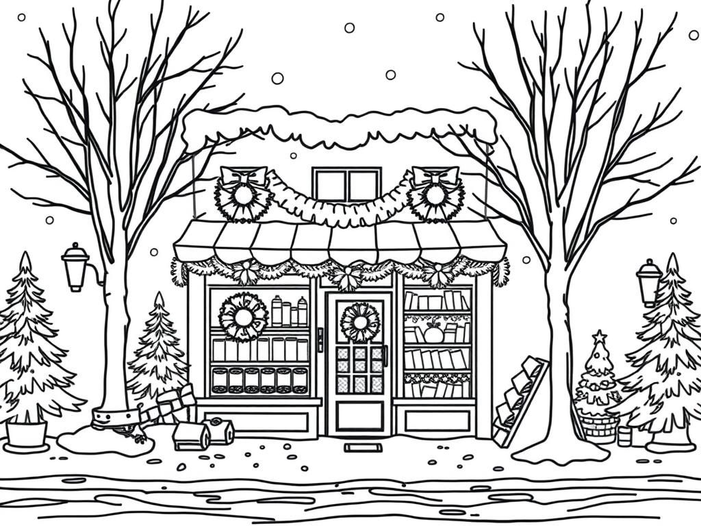 Wintery scene of a bookstore on a street decorated for Christmas with wreaths and pine trees